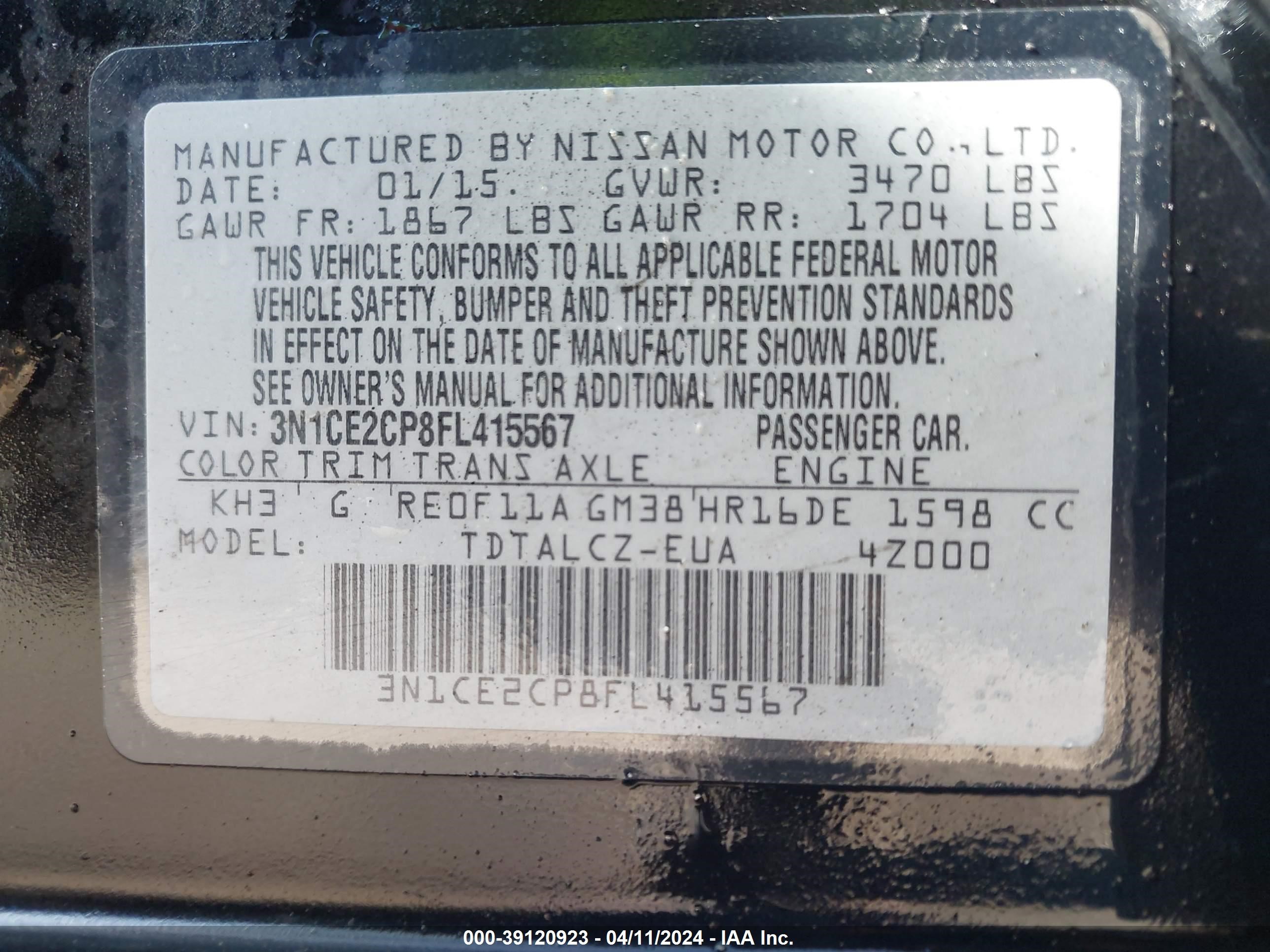 Photo 8 VIN: 3N1CE2CP8FL415567 - NISSAN VERSA 