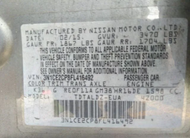 Photo 8 VIN: 3N1CE2CP8FL416492 - NISSAN VERSA NOTE 