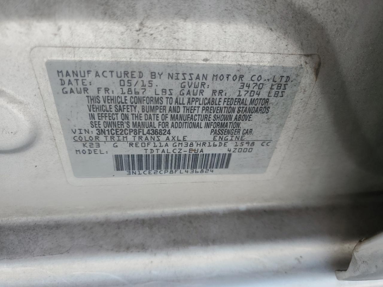 Photo 12 VIN: 3N1CE2CP8FL436824 - NISSAN VERSA 