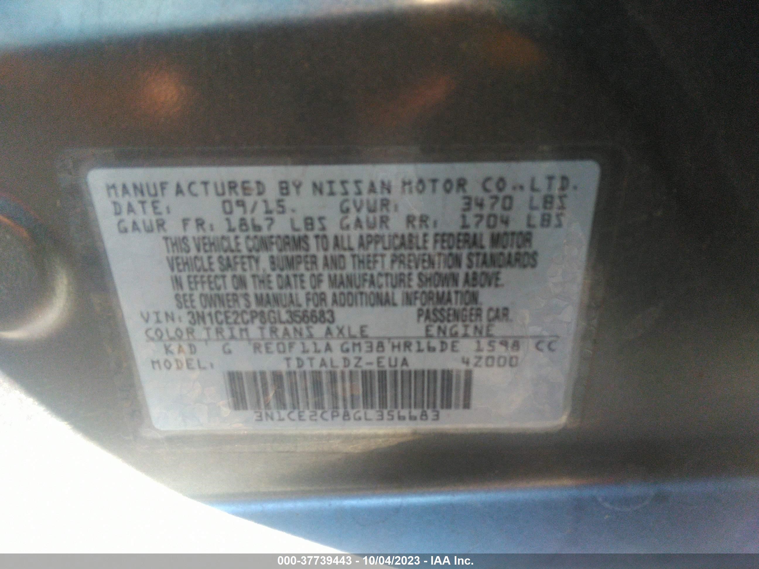 Photo 8 VIN: 3N1CE2CP8GL356683 - NISSAN VERSA 