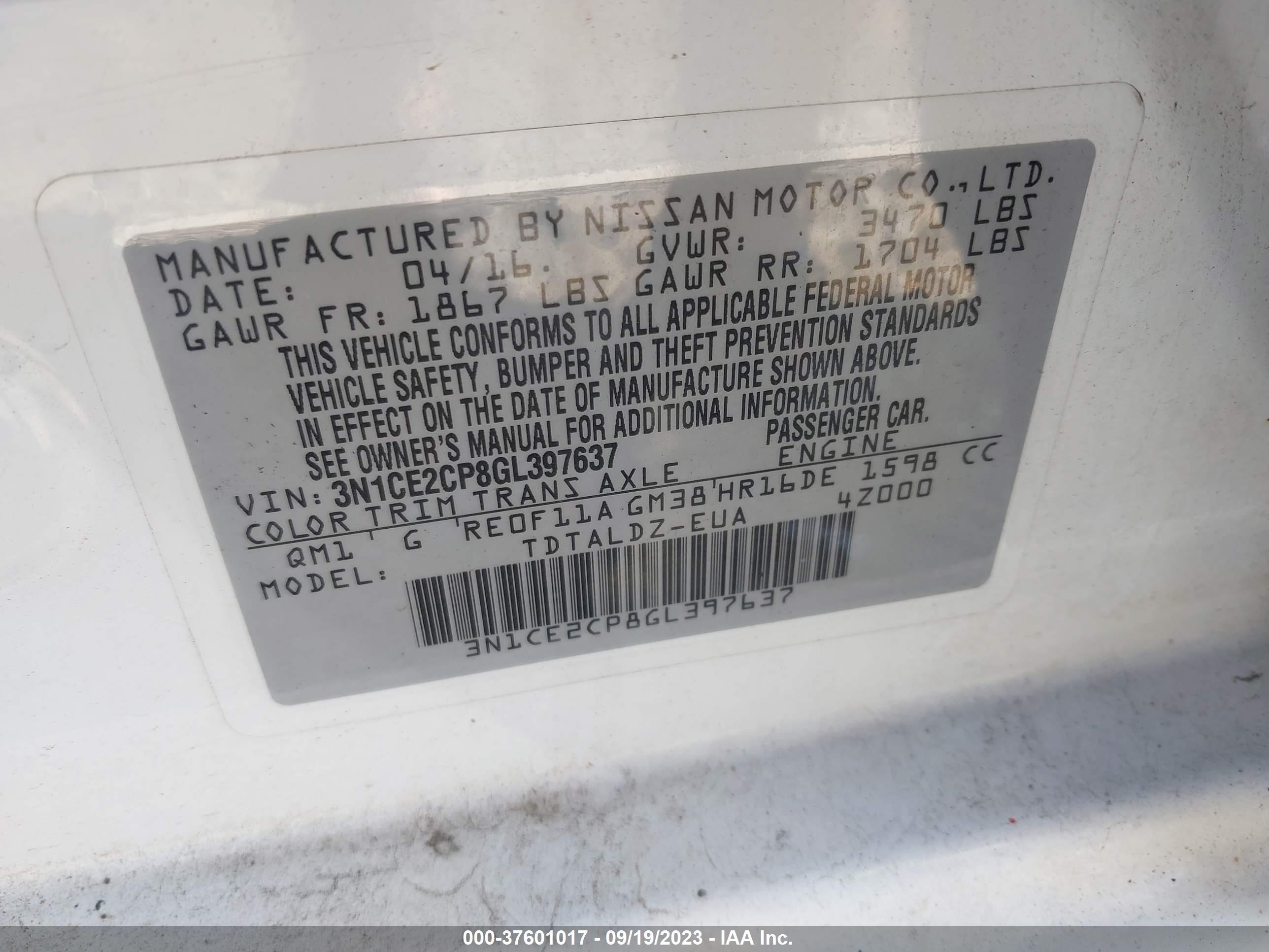 Photo 8 VIN: 3N1CE2CP8GL397637 - NISSAN VERSA 