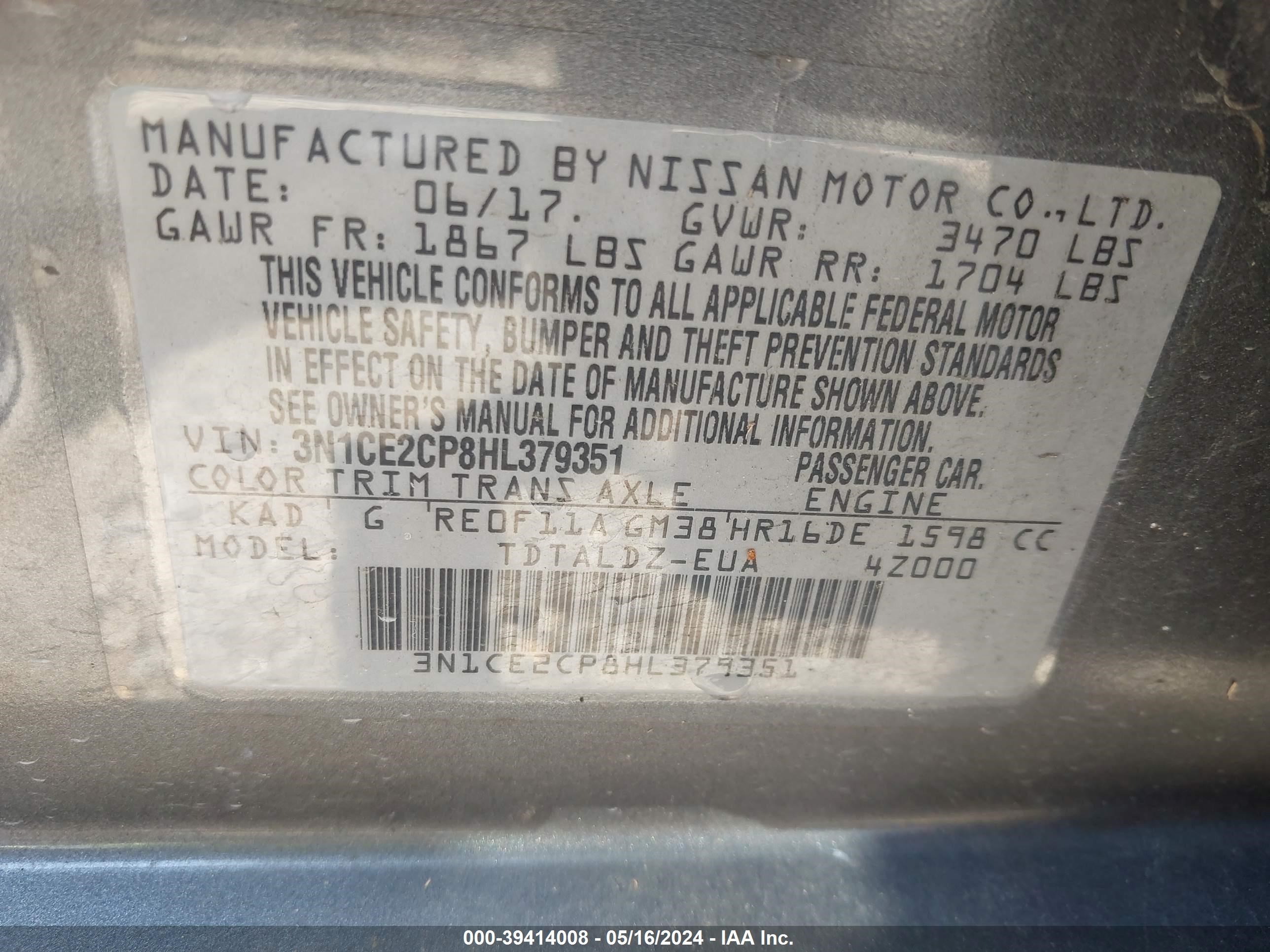 Photo 8 VIN: 3N1CE2CP8HL379351 - NISSAN VERSA 