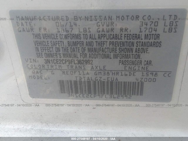 Photo 8 VIN: 3N1CE2CP9FL362992 - NISSAN VERSA NOTE 