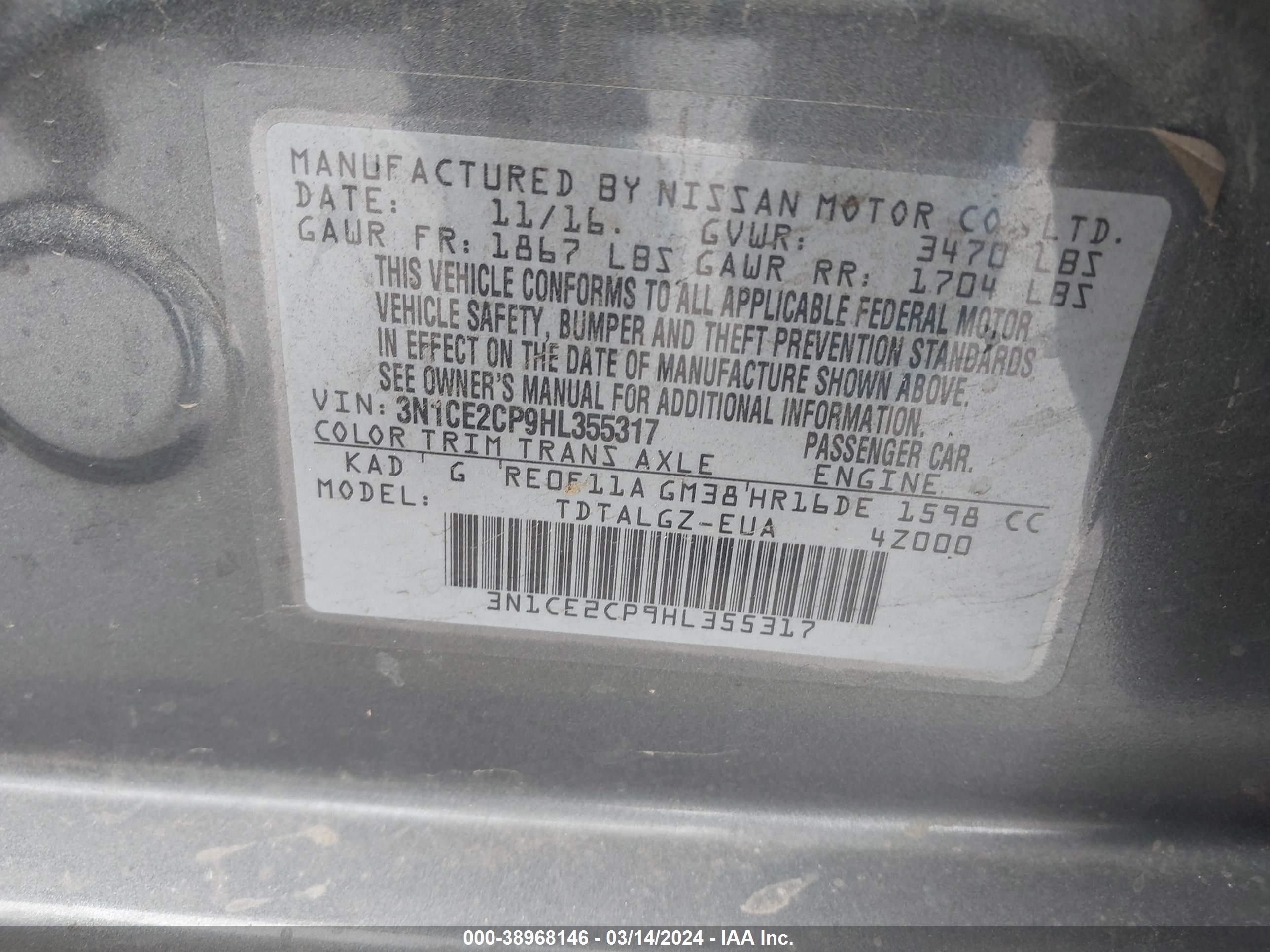 Photo 8 VIN: 3N1CE2CP9HL355317 - NISSAN VERSA 