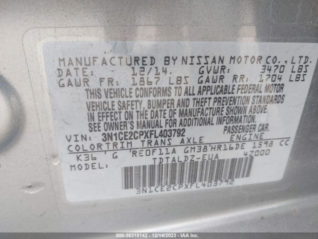 Photo 8 VIN: 3N1CE2CPXFL403792 - NISSAN VERSA NOTE 