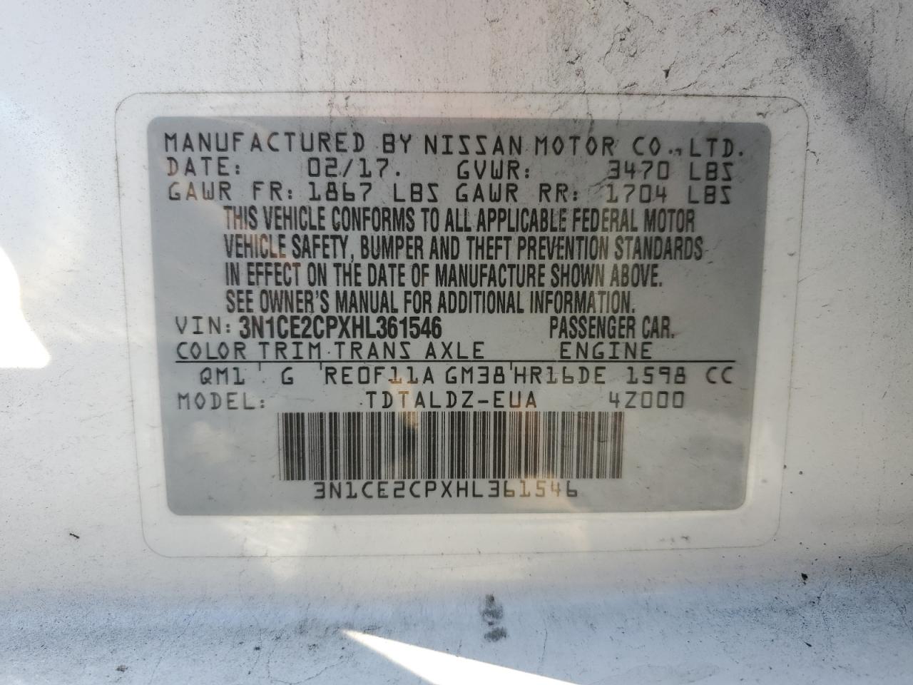 Photo 11 VIN: 3N1CE2CPXHL361546 - NISSAN VERSA 