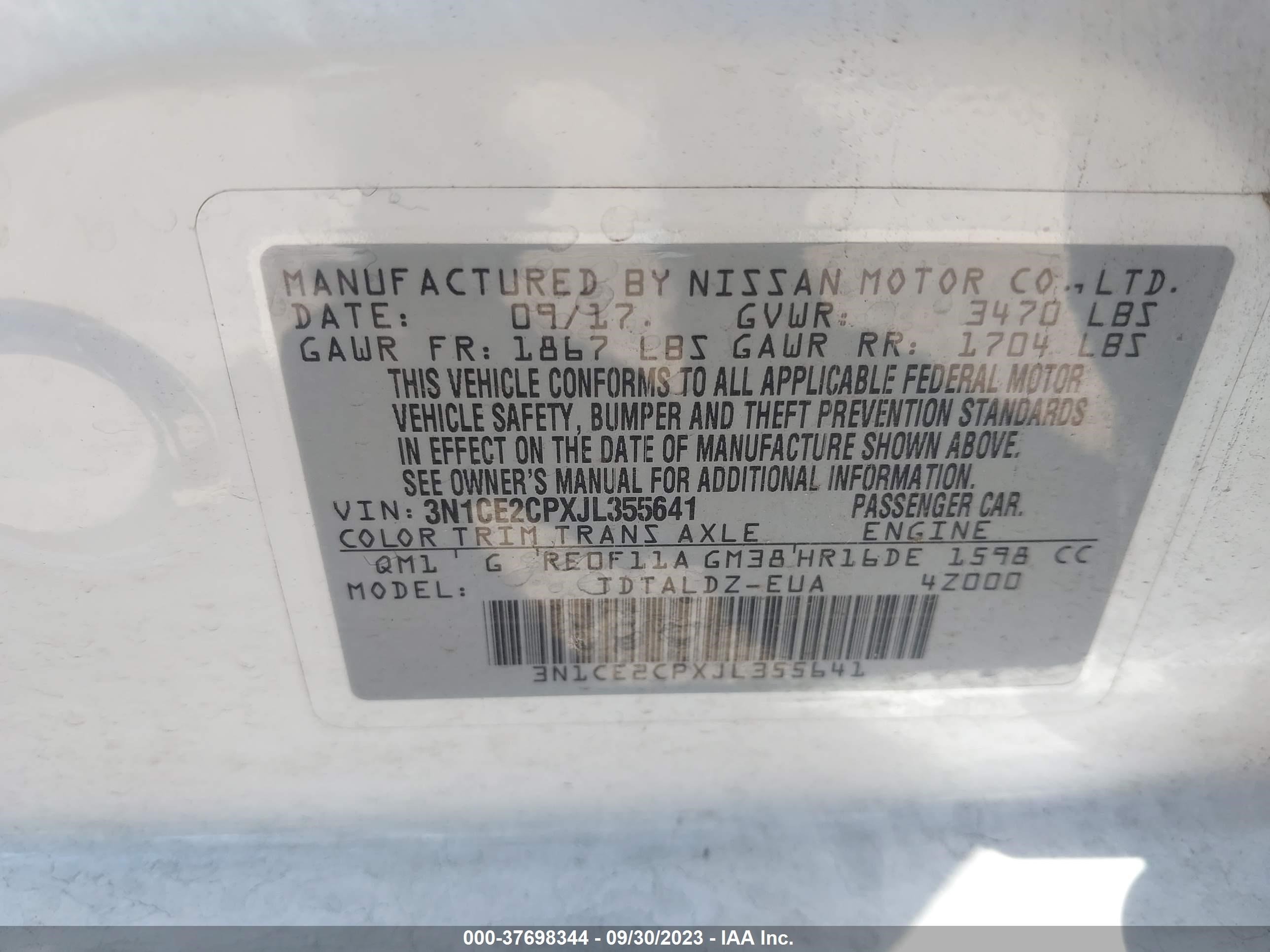 Photo 8 VIN: 3N1CE2CPXJL355641 - NISSAN VERSA 