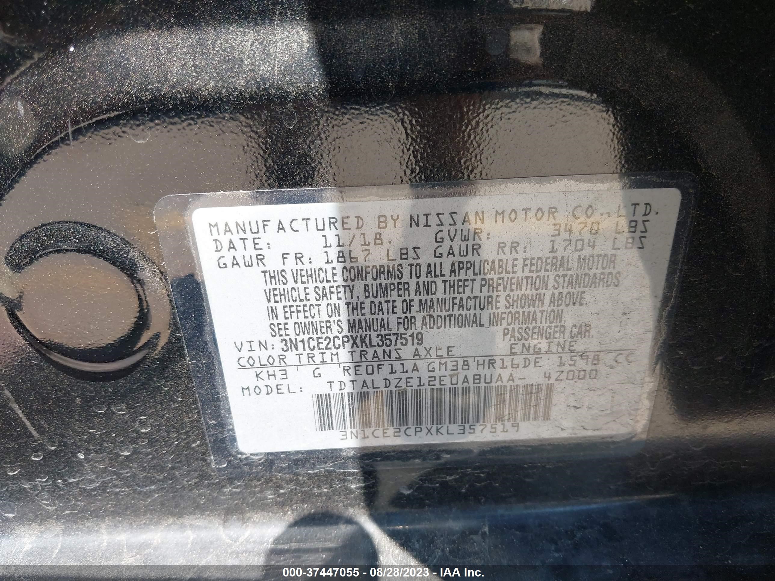 Photo 8 VIN: 3N1CE2CPXKL357519 - NISSAN VERSA 