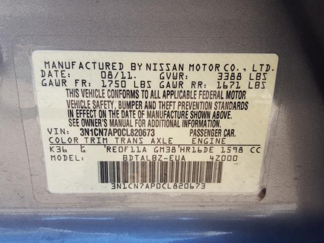 Photo 9 VIN: 3N1CN7AP0CL820673 - NISSAN VERSA S 