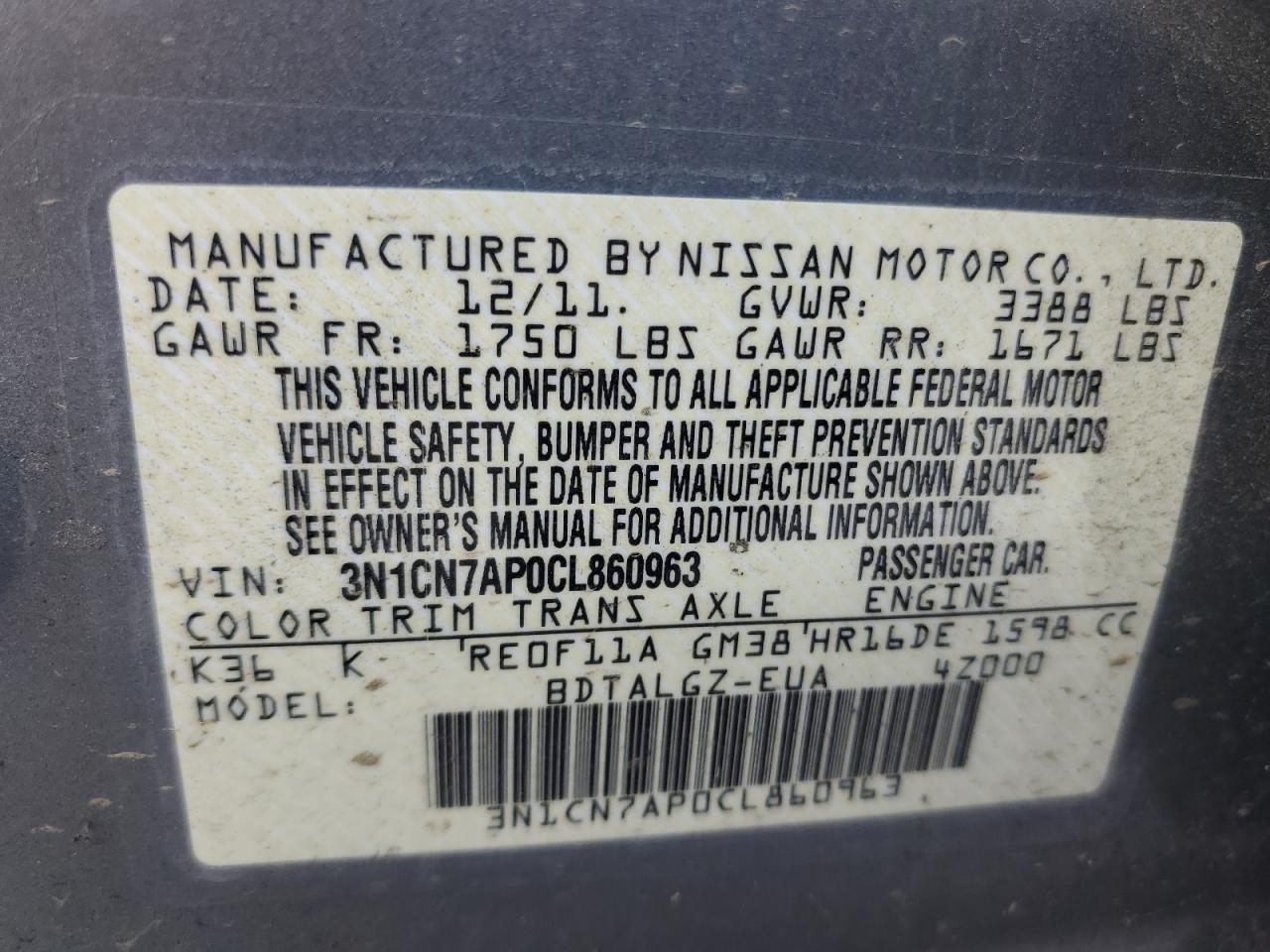 Photo 12 VIN: 3N1CN7AP0CL860963 - NISSAN VERSA 