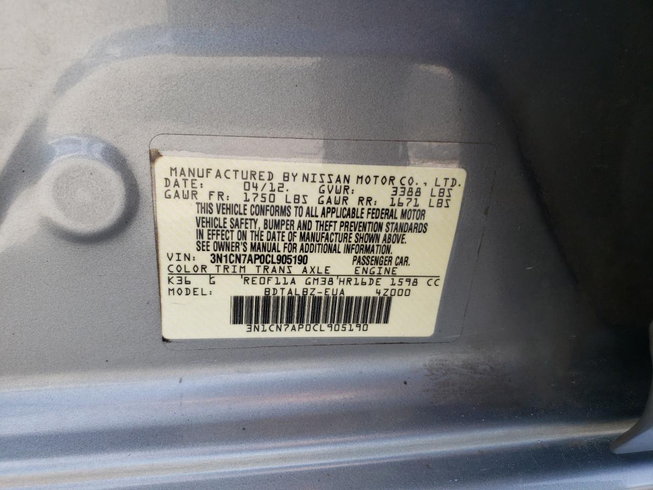 Photo 11 VIN: 3N1CN7AP0CL905190 - NISSAN VERSA 