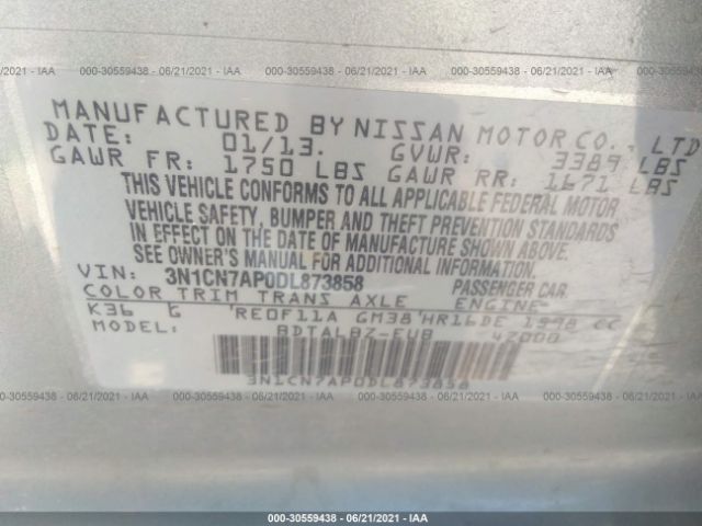 Photo 8 VIN: 3N1CN7AP0DL873858 - NISSAN VERSA 