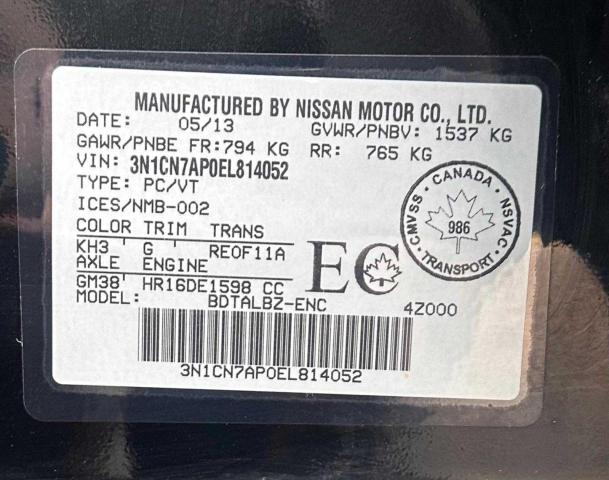 Photo 9 VIN: 3N1CN7AP0EL814052 - NISSAN VERSA S 