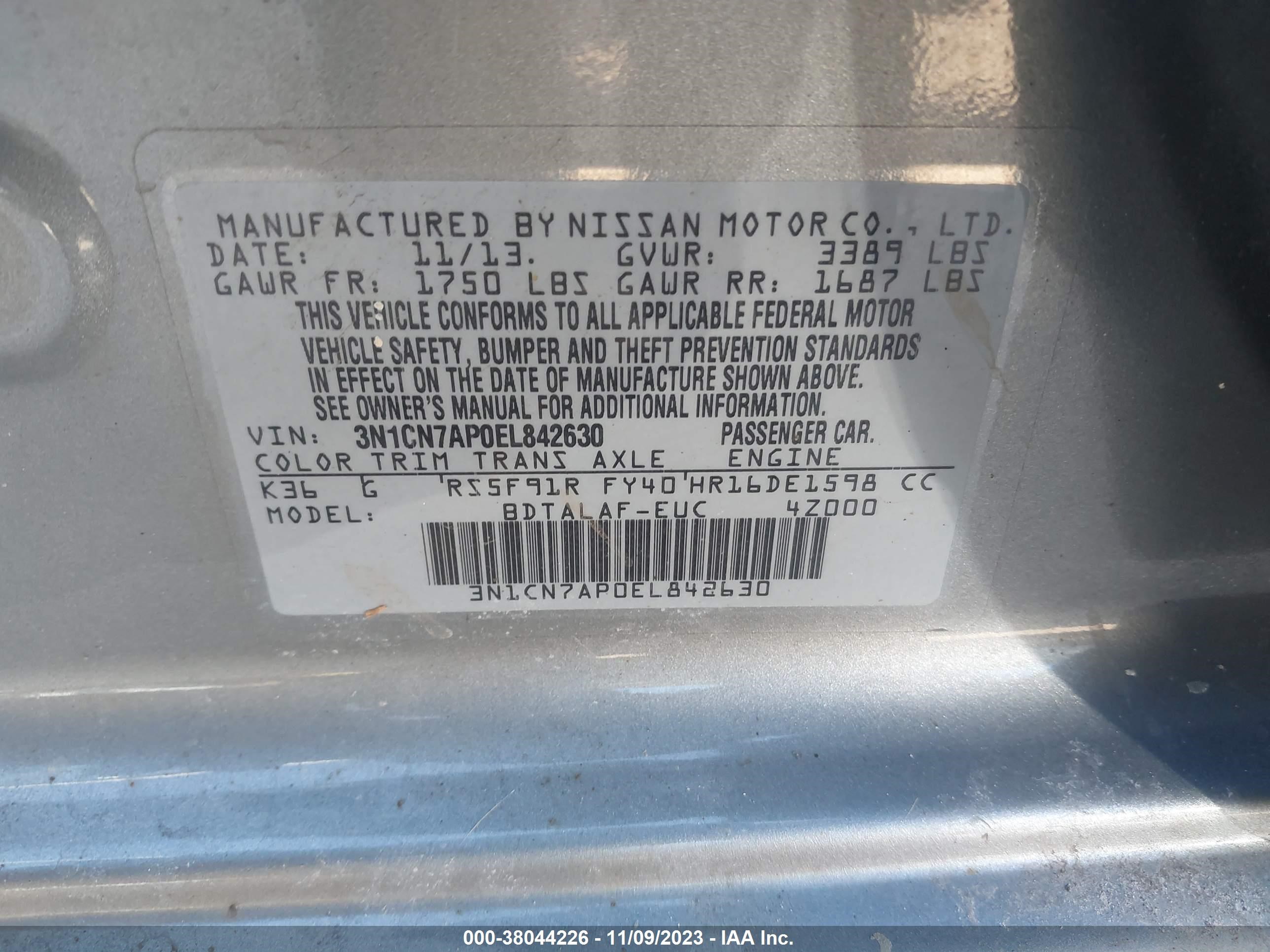 Photo 8 VIN: 3N1CN7AP0EL842630 - NISSAN VERSA 