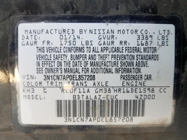 Photo 9 VIN: 3N1CN7AP0EL857208 - NISSAN VERSA S 