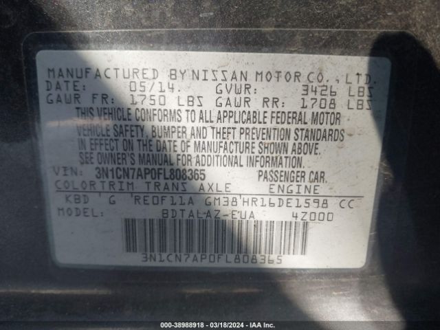 Photo 8 VIN: 3N1CN7AP0FL808365 - NISSAN VERSA 