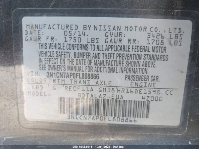 Photo 8 VIN: 3N1CN7AP0FL808866 - NISSAN VERSA 