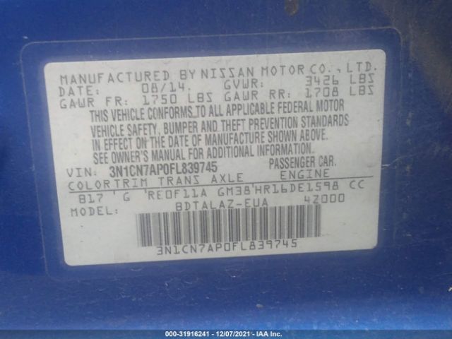 Photo 8 VIN: 3N1CN7AP0FL839745 - NISSAN VERSA 