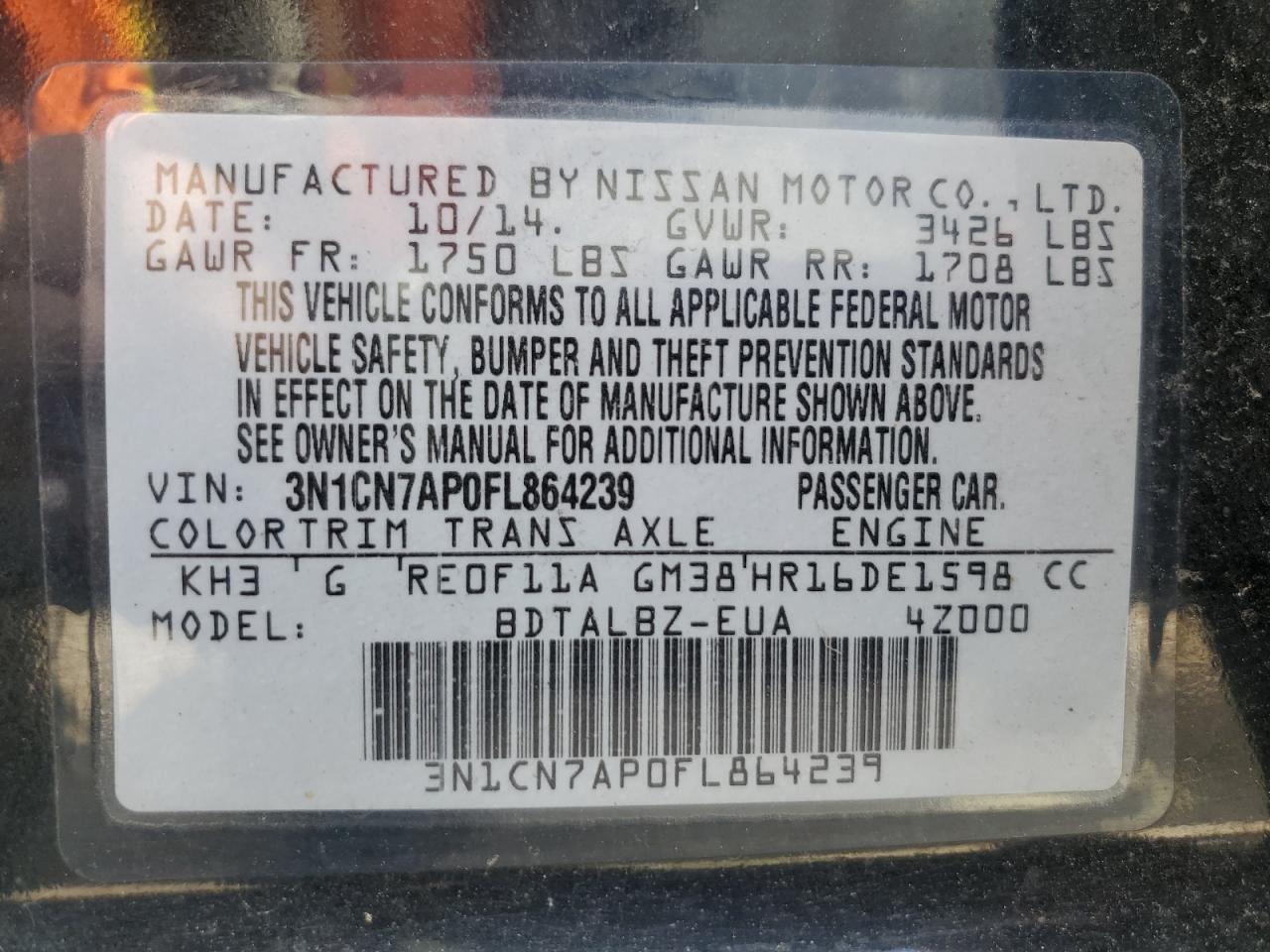 Photo 11 VIN: 3N1CN7AP0FL864239 - NISSAN VERSA 