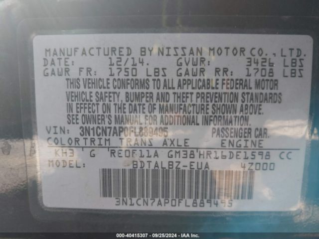 Photo 8 VIN: 3N1CN7AP0FL889495 - NISSAN VERSA 