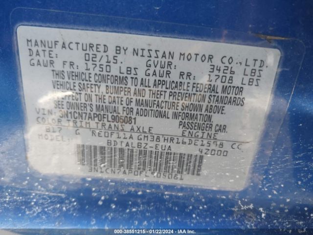 Photo 8 VIN: 3N1CN7AP0FL905081 - NISSAN VERSA 