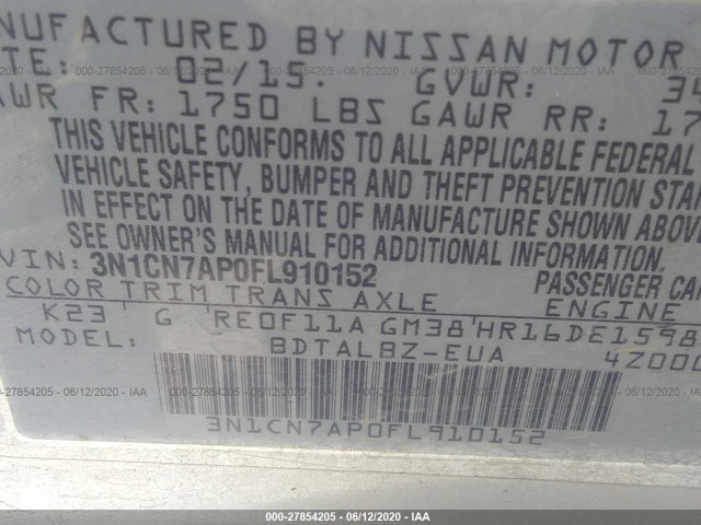 Photo 8 VIN: 3N1CN7AP0FL910152 - NISSAN VERSA 