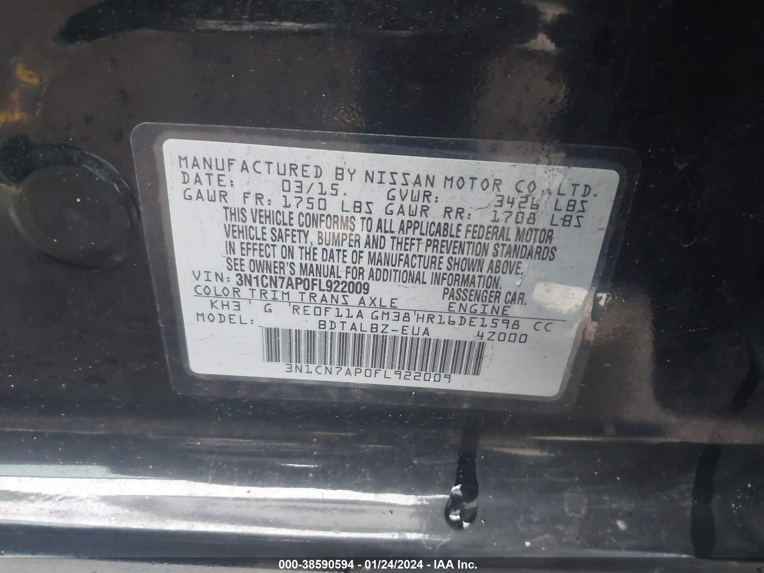 Photo 8 VIN: 3N1CN7AP0FL922009 - NISSAN VERSA 