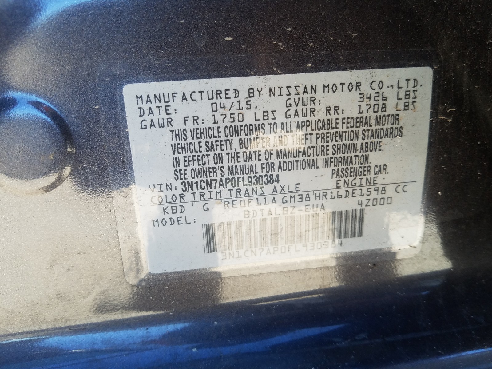 Photo 9 VIN: 3N1CN7AP0FL930384 - NISSAN VERSA S 