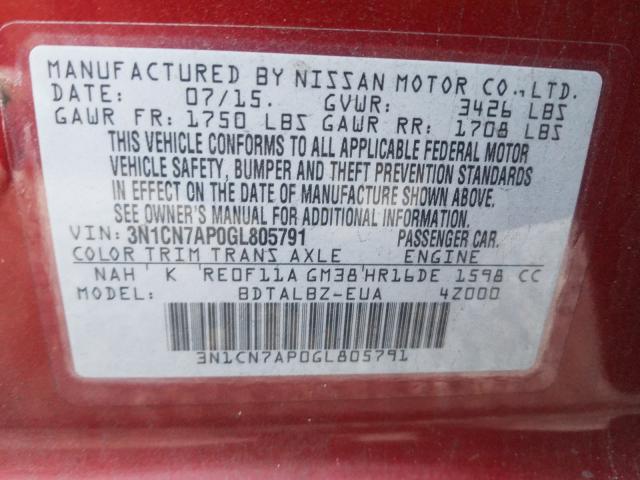 Photo 9 VIN: 3N1CN7AP0GL805791 - NISSAN VERSA S 