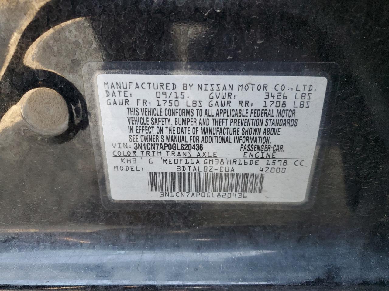 Photo 11 VIN: 3N1CN7AP0GL820436 - NISSAN VERSA 