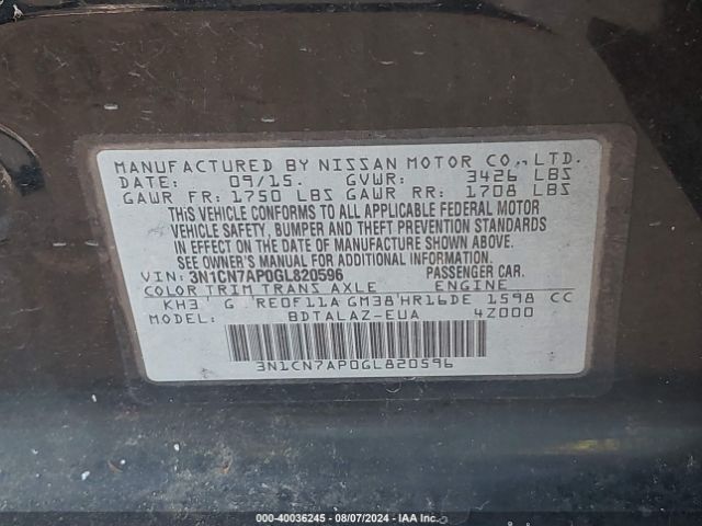 Photo 8 VIN: 3N1CN7AP0GL820596 - NISSAN VERSA 