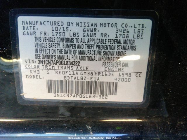 Photo 8 VIN: 3N1CN7AP0GL834322 - NISSAN VERSA 