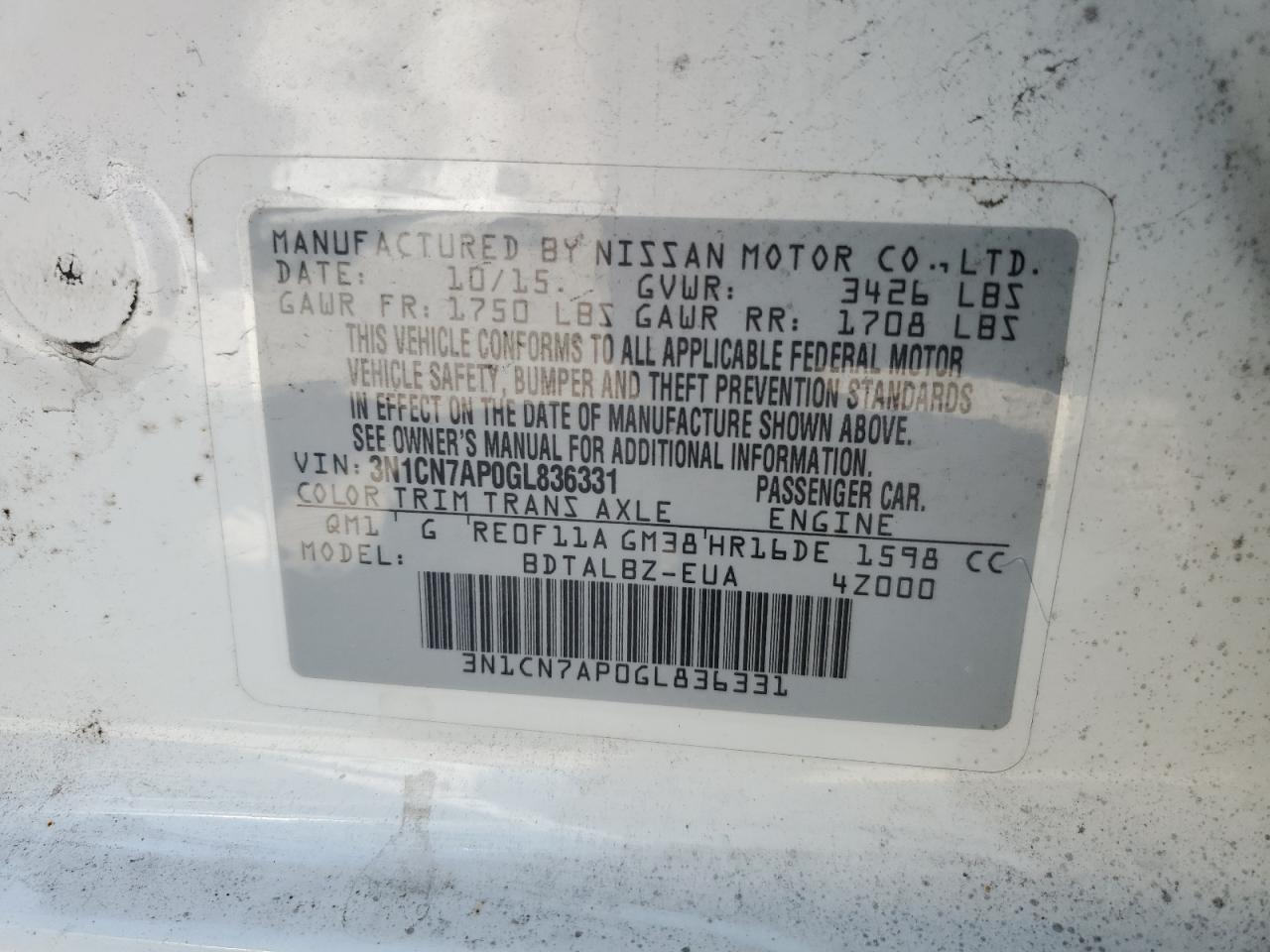 Photo 11 VIN: 3N1CN7AP0GL836331 - NISSAN VERSA 