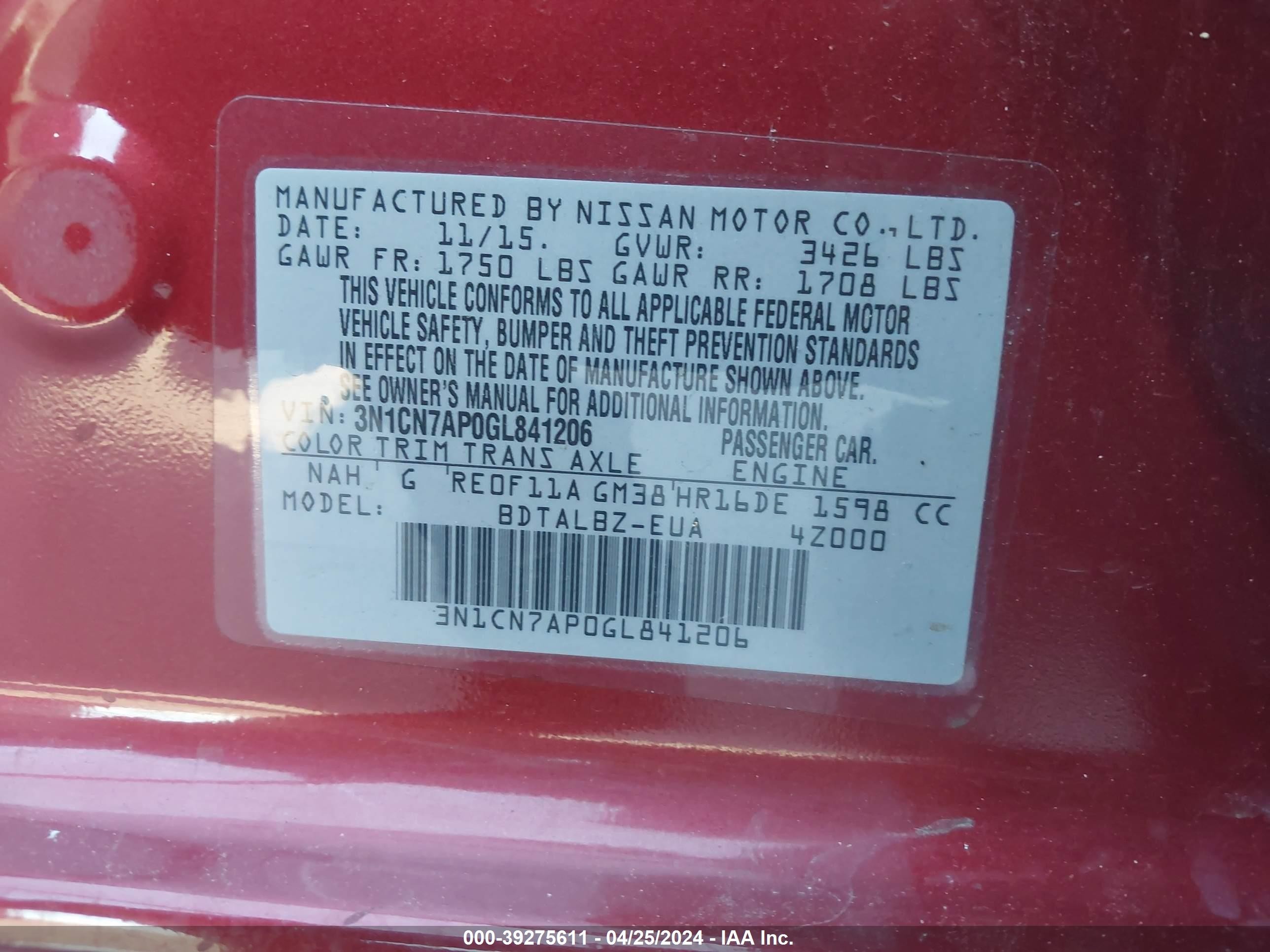 Photo 8 VIN: 3N1CN7AP0GL841206 - NISSAN VERSA 