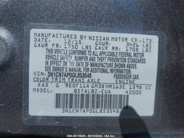 Photo 8 VIN: 3N1CN7AP0GL853548 - NISSAN VERSA 