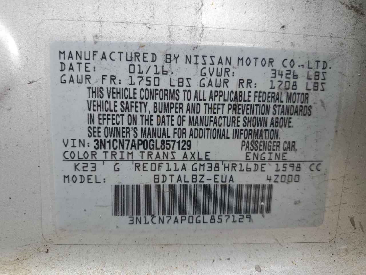 Photo 12 VIN: 3N1CN7AP0GL857129 - NISSAN VERSA 