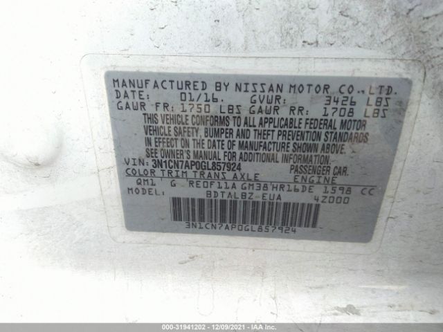 Photo 8 VIN: 3N1CN7AP0GL857924 - NISSAN VERSA 