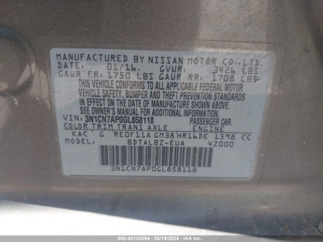 Photo 8 VIN: 3N1CN7AP0GL858118 - NISSAN VERSA 