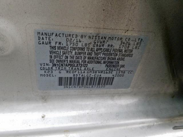 Photo 9 VIN: 3N1CN7AP0GL873122 - NISSAN VERSA S 