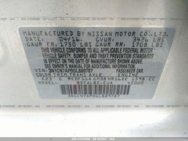 Photo 8 VIN: 3N1CN7AP0GL889787 - NISSAN VERSA 