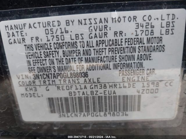 Photo 8 VIN: 3N1CN7AP0GL898036 - NISSAN VERSA 