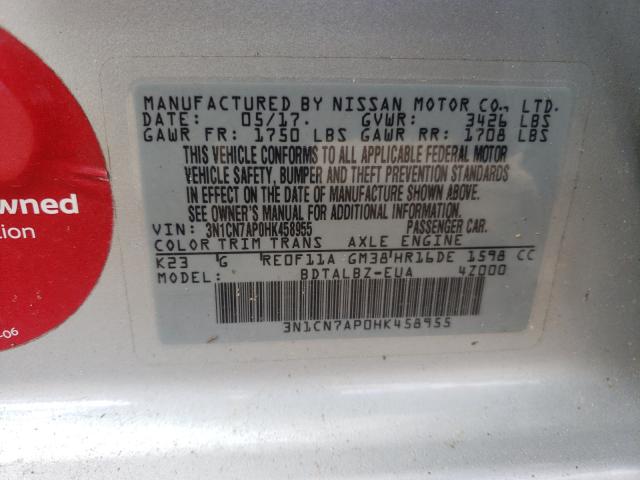 Photo 9 VIN: 3N1CN7AP0HK458955 - NISSAN VERSA S 