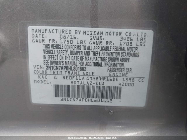 Photo 8 VIN: 3N1CN7AP0HL801662 - NISSAN VERSA 