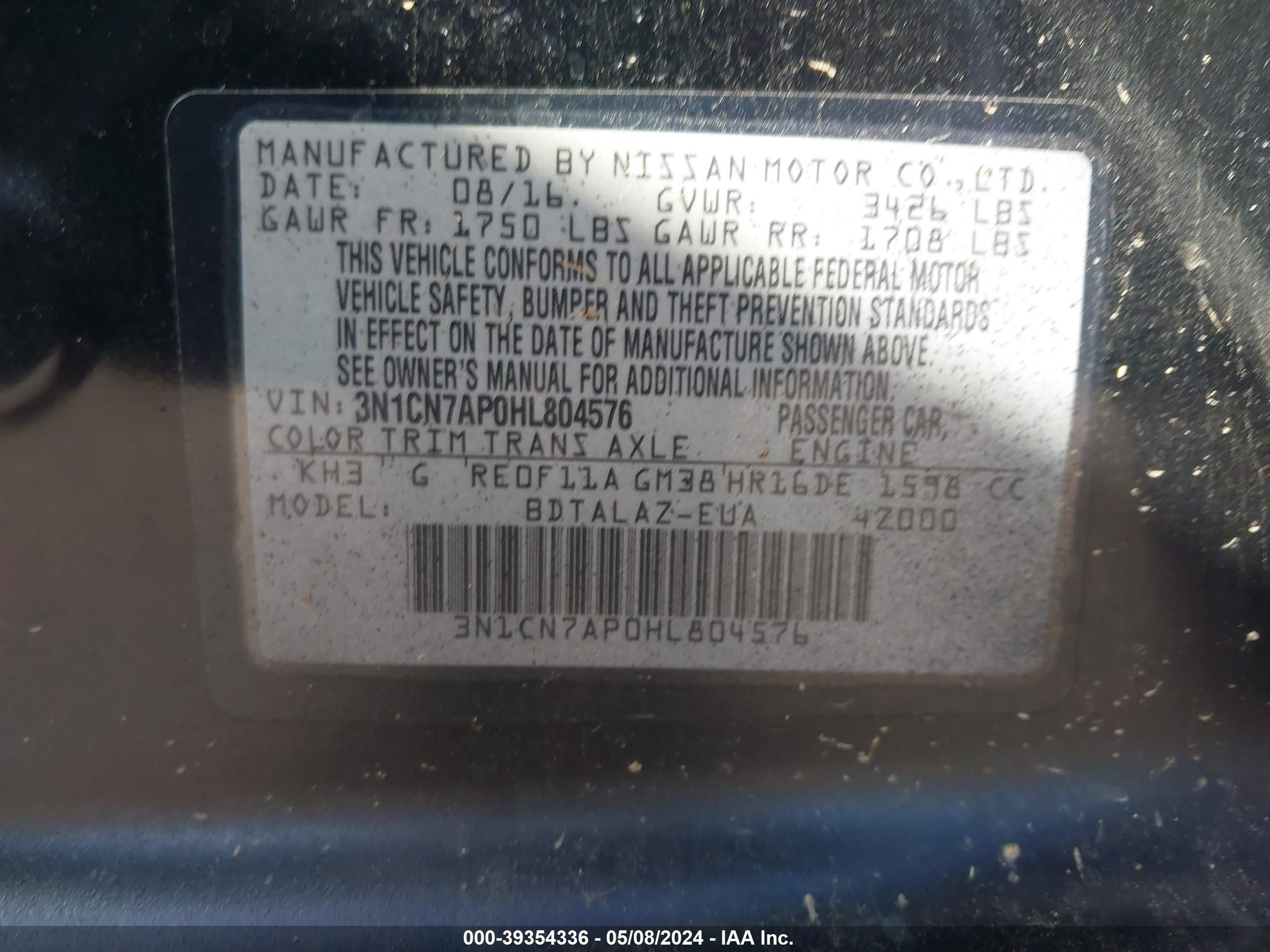 Photo 8 VIN: 3N1CN7AP0HL804576 - NISSAN VERSA 