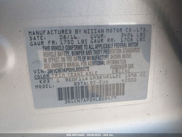 Photo 8 VIN: 3N1CN7AP0HL808479 - NISSAN VERSA 