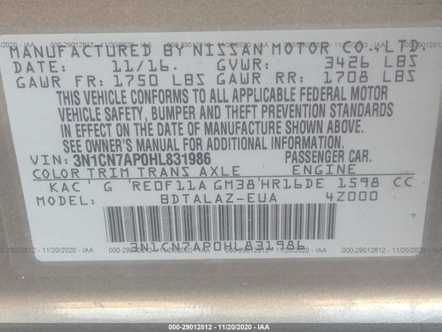 Photo 8 VIN: 3N1CN7AP0HL831986 - NISSAN VERSA SEDAN 