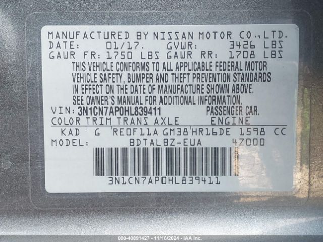 Photo 8 VIN: 3N1CN7AP0HL839411 - NISSAN VERSA 