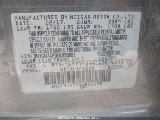 Photo 8 VIN: 3N1CN7AP0HL850652 - NISSAN VERSA 