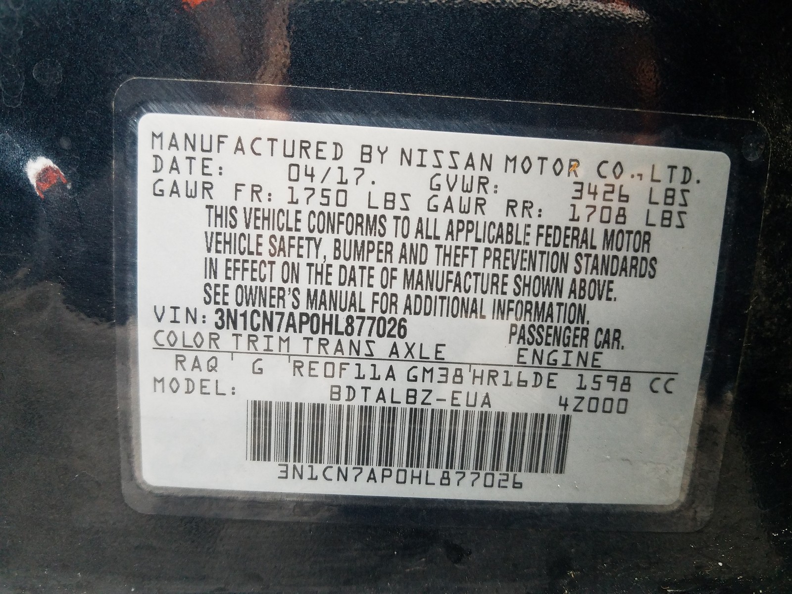 Photo 9 VIN: 3N1CN7AP0HL877026 - NISSAN VERSA S 