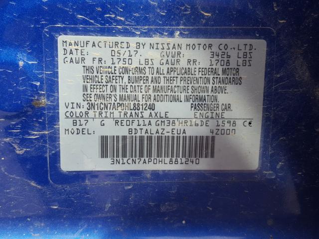 Photo 9 VIN: 3N1CN7AP0HL881240 - NISSAN VERSA S 